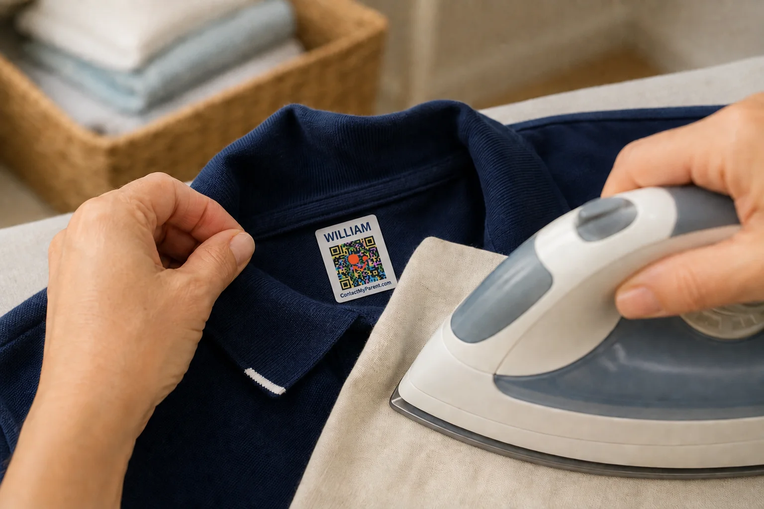 A parent ironing a ContactMyParent QR name label onto the inside collar of a child's navy polo shirt