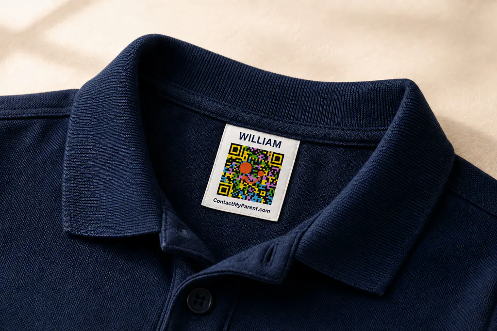 Close-up of iron-on QR label on a child's school uniform collar