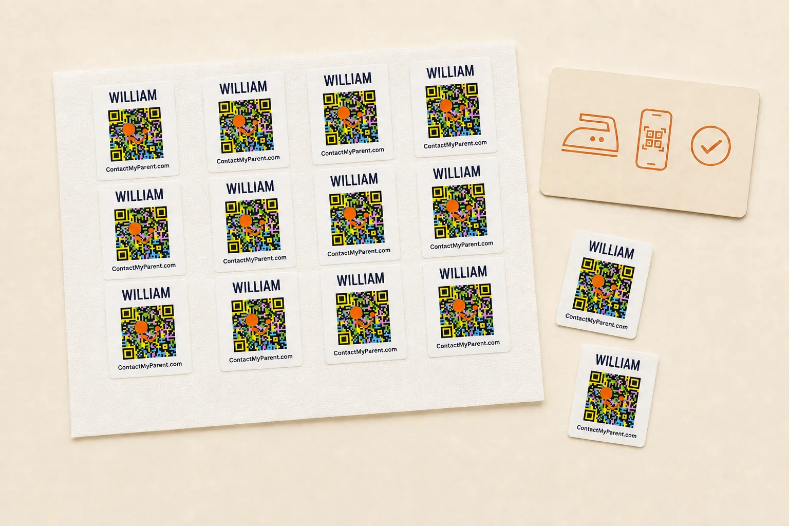 A sheet of ContactMyParent iron-on QR name labels printed with a child's first name, next to two loose labels and an application card