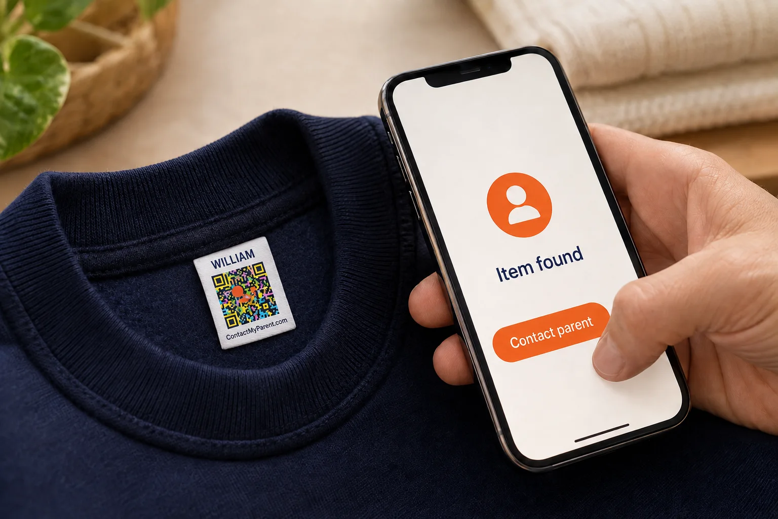 A finder scanning the QR name label inside a child's sweater collar with a phone, which shows an Item Found screen and a Contact Parent button