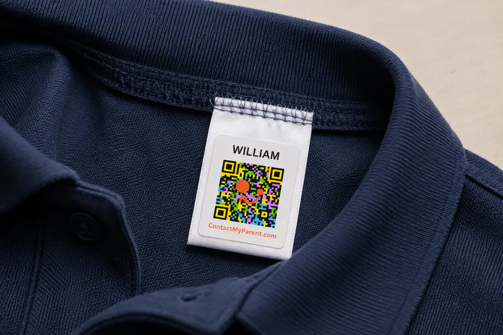 Compact QR name label applied to a garment's existing wash-care tag